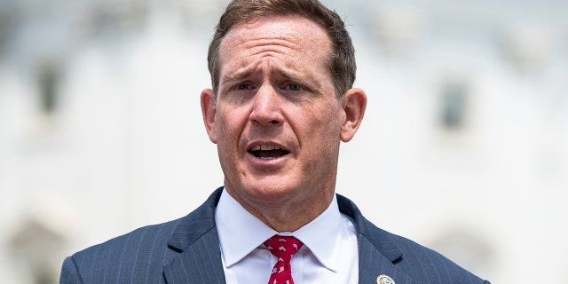 UNITED STATES - JUNE 25: Rep. Ted Budd, R-N.C., does a television news interview outside the Capitol before the vote on the George Floyd Justice in Policing Act of 2020 on Thursday, June 25, 2020. (Photo By Bill Clark/CQ-Roll Call, Inc via Getty Images)