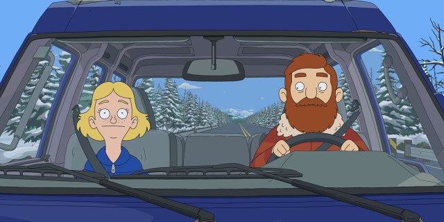 Judy (Jenny Slate) and Beef (Nick Offerman) in a scene from 'The Great North.'