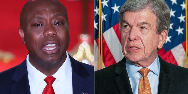 Republican Sens. Tim Scott of South Carolina, left, and Roy Blunt of Missouri.
