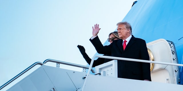 President Trump and first lady Melania Trump board Air Force One at Joint Base Andrews before boarding Air Force One for his last time as president on Jan. 20, 2021 in Joint Base Andrews, Maryland.