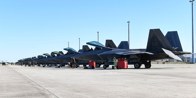 90th Fighter Squadron F-22 Raptors from Joint Base Elmendorf-Richardson, Alaska, undergo post-flight checks at Tyndall Air Force Base, Florida, Oct. 30, 2020. (U.S. Air Force photo by Airman Anabel Del Valle)