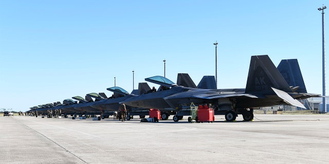 90th Fighter Squadron F-22 Raptors from Joint Base Elmendorf-Richardson, Alaska, undergo post-flight checks at Tyndall Air Force Base, Florida, Oct. 30, 2020. (U.S. Air Force photo by Airman Anabel Del Valle)