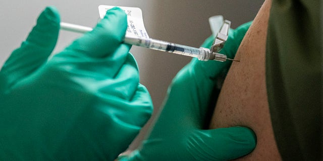 A healthcare worker at the Portland Veterans Affairs Medical Center receives COVID-19 a vaccination on December 16, 2020, in Portland, Oregon. (Photo by Nathan Howard/Getty Images)