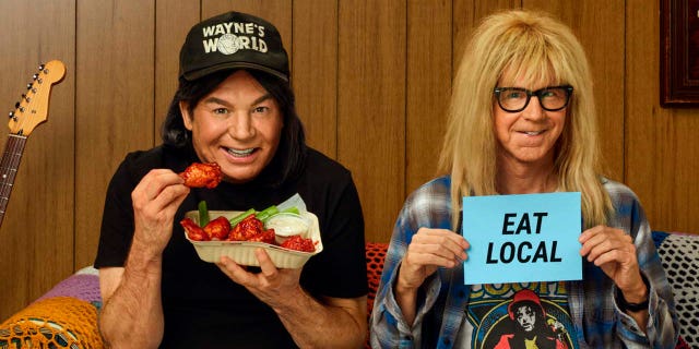 'Wayne's World' stars Mike Myers and Dana Carvey reprise their roles for the Uber Eats 2021 Super Bowl NFL football spot. (Uber Eats via AP)