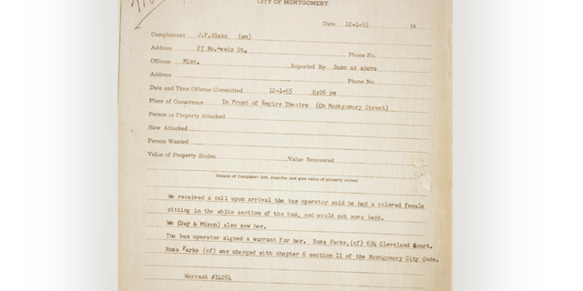 The original police report from the Dec. 1, 1955 arrest of Rosa Parks when she refused to give up her bus seat to a white man