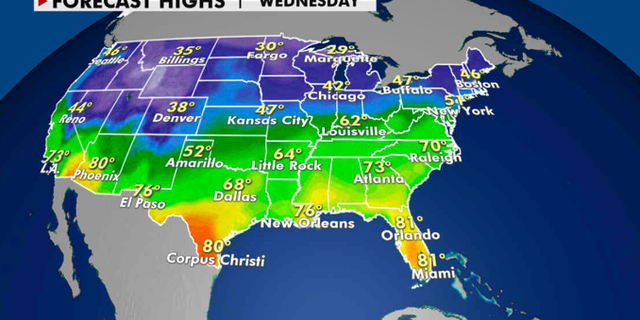 Expected high temperatures for Wednesday. (Fox News)
