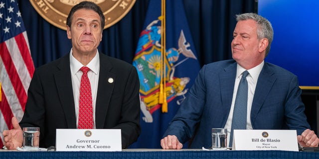 NEW YORK, NY - MARCH 2: New York state Gov. Andrew Cuomo and New York City Mayor Bill DeBlasio speak during a news conference on the first confirmed case of COVID-19 in New York on March 2, 2020 in New York City. (Photo by David Dee Delgado/Getty Images)