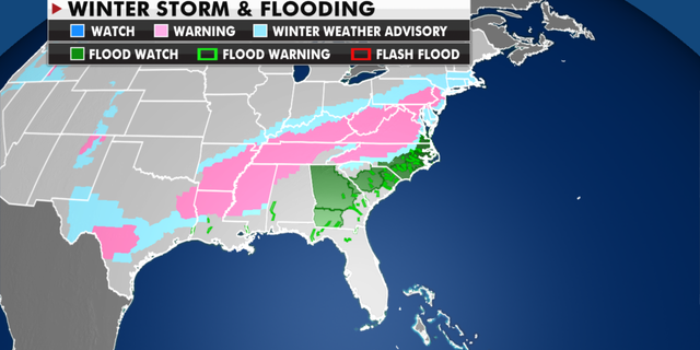 Current winter weather warnings and advisories in effect. (Fox News)