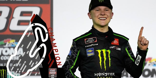 Ty Gibbs celebrates in Victory Lane after winning the NASCAR Xfinity Series road course auto race at Daytona International Speedway, Saturday, Feb. 20, 2021, in Daytona Beach, Fla. (AP Photo/John Raoux)