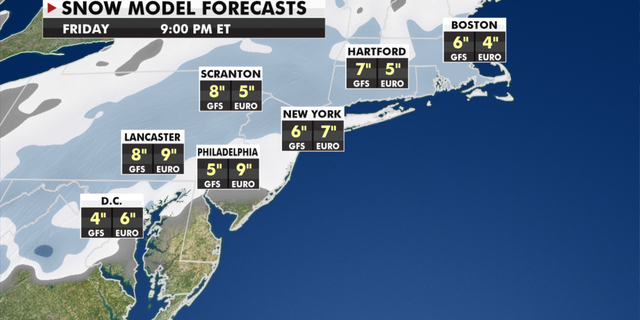 The expected snowfall in the Northeast until Friday.  (Fox News)