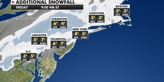 Expected snowfall totals through Friday. (Fox News)