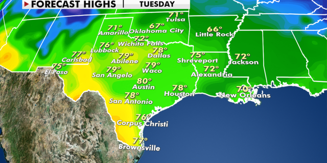 Expected high temperatures in Texas Tuesday. (Fox News)