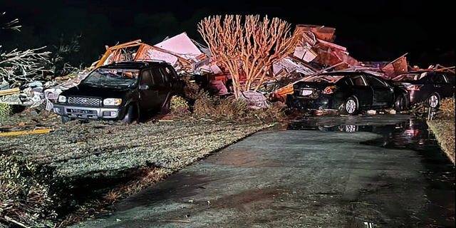 Damaged vehicles sit among debris after the tornado hit Brunswick County, N.C. (AP/Brunswick County Sheriff’s Office)