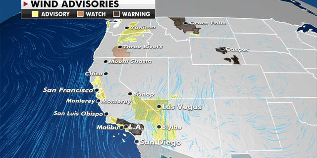 Current wind advisories in effect. (Fox News)