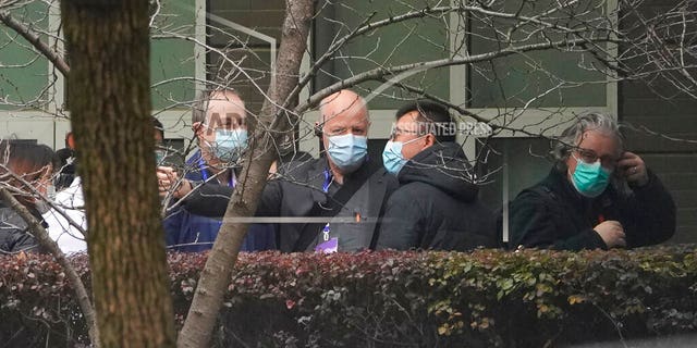 Peter Daszak of the World Health Organization team, center, chats after arriving at the Hubei Animal Disease Control and Prevention Center in Wuhan, China, Tuesday, Feb. 2, 2021. (AP Photo/Ng Han Guan)