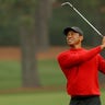 AUGUSTA, GEORGIA: Tiger Woods plays a shot on the second hole during the final round of the Masters at Augusta National Golf Club on November 15, 2020 in Augusta, Georgia. (Photo by Patrick Smith/Getty Images)