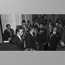 President Ronald Reagan and Vice President George H.W. Bush walk into the East Room of the White House to officiate in a Black History Month event, Washington D.C., Feb. 2, 1984.