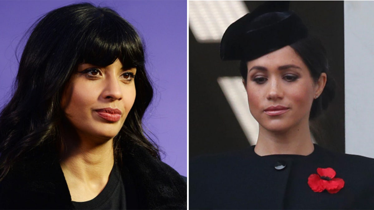 Jameela Jamil (left) rallied support for Meghan Markle (right) prior to Oprah Winfrey's bombshell interview with the Duke and Duchess of Sussex.