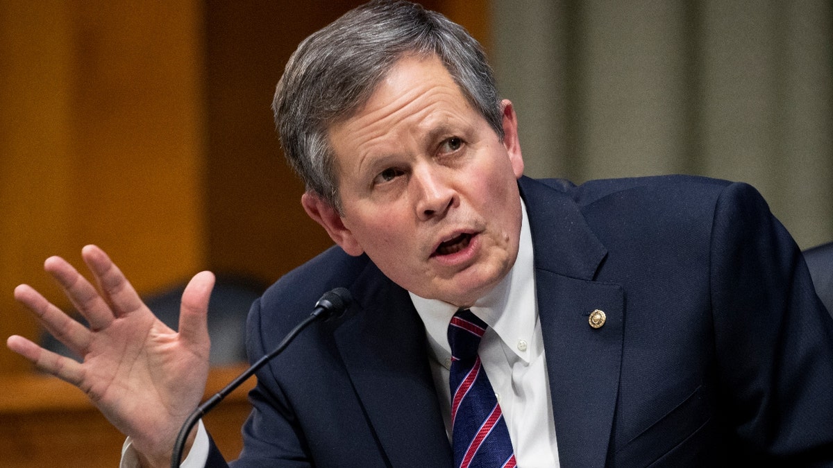 Sen. Steve Daines, R-Mont., speaks during a Senate Finance Committee hearing on the nomination of Xavier Becerra to be Secretary of Health and Human Services on Capitol Hill in Washington, Wednesday, Feb. 24, 2021. Daines' Montana has one of the longest borders with Canada in the United States. (Michael Reynolds/Pool via AP)
