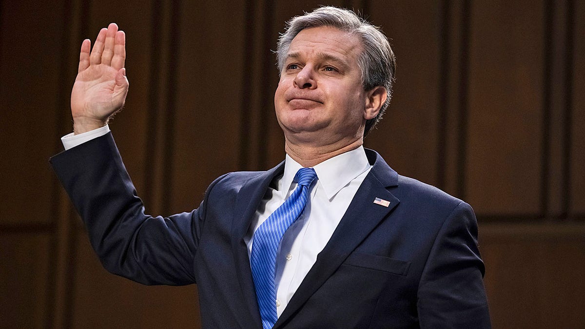 FBI Director Christopher Wray is sworn in before the Senate Judiciary Committee on Capitol Hill in Washington, Tuesday, March 2, 2021. (Graeme Jennings/Pool via AP)