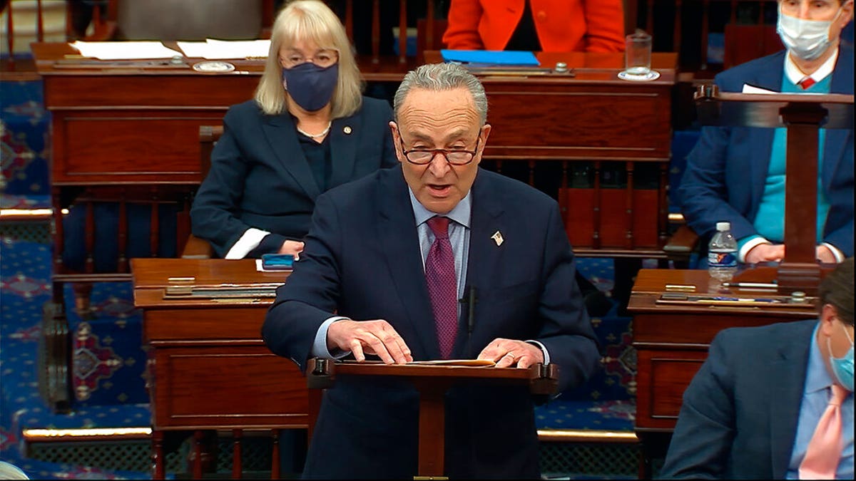 FILE: Senate Majority Leader Chuck Schumer of N.Y., speaks before the final vote on the Senate version of the COVID-19 relief bill in the Senate at the U.S. Capitol in Washington, Saturday, March 6, 2021. 