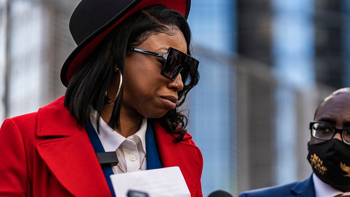 Bridgett Floyd speaks about how losing her brother has impacted her on the first day of the Derek Chauvin trial which began with jury selection Monday, March 8, 2021 in Minneapolis, Minn. Chauvin is the former Minneapolis police officer charged in the death of George Floyd. (Richard Tsong-Taatarii/Star Tribune via AP)