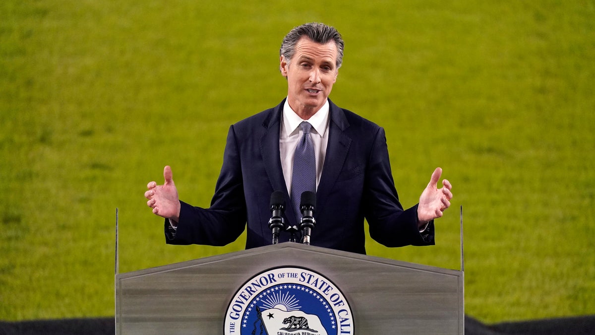 California Gov. Gavin Newsom delivers his State of the State address from Dodger Stadium Tuesday, March 9, 2021, in Los Angeles. (AP Photo/Mark J. Terrill)