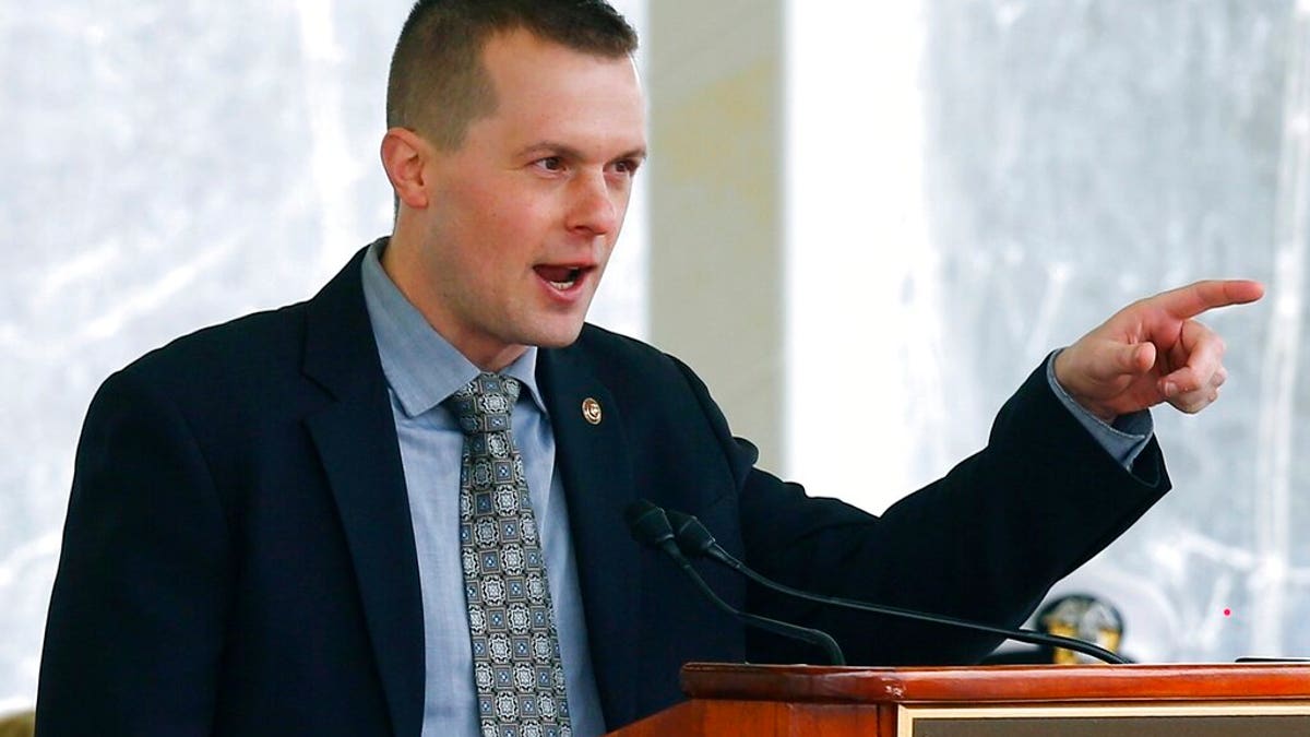 In this April 27, 2019, file photo, Rep. Jared Golden, D-Maine, speaks in Bath, Maine. Golden was the only Democrat lawmaker to break with his party and vote against the $1.9 trillion COVID-19 relief package on Wednesday, March 10, 2021. (AP Photo/David Sharp)