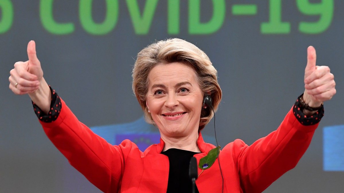 European Commission President Ursula von der Leyen gestures after participating in a media conference on the Commissions response to the coronavirus on March 17, 2021. (John Thys, Pool via AP)