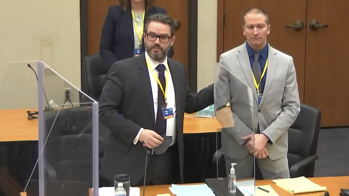 In this screen grab from video, defense attorney Eric Nelson, left, defendant and former Minneapolis police officer Derek Chauvin, right, introduce themselves to jurors as Hennepin County Judge Peter Cahill presides over jury selection in the trial of Chauvin Wednesday, March 17, 2021. (Court TV, via AP, Pool)