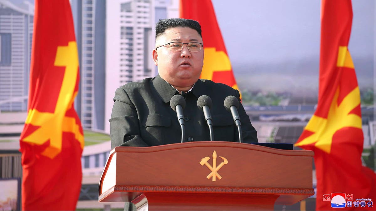 North Korean leader Kim Jong Un speaks during a ceremony to break ground for building 10,000 homes, in Pyongyang, North Korea, Tuesday, March 23, 2021.?