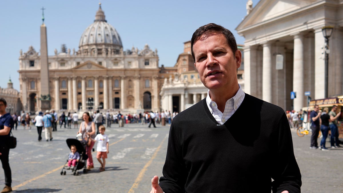 In this April 24, 2018 file photo, clergy sex abuse survivor and victim's advocate Juan Carlos Cruz, from Chile, is interviewed by The Associated Press, outside the Vatican's St. Peter's Square, in Rome.? (AP Photo/Andrew Medichini, file)