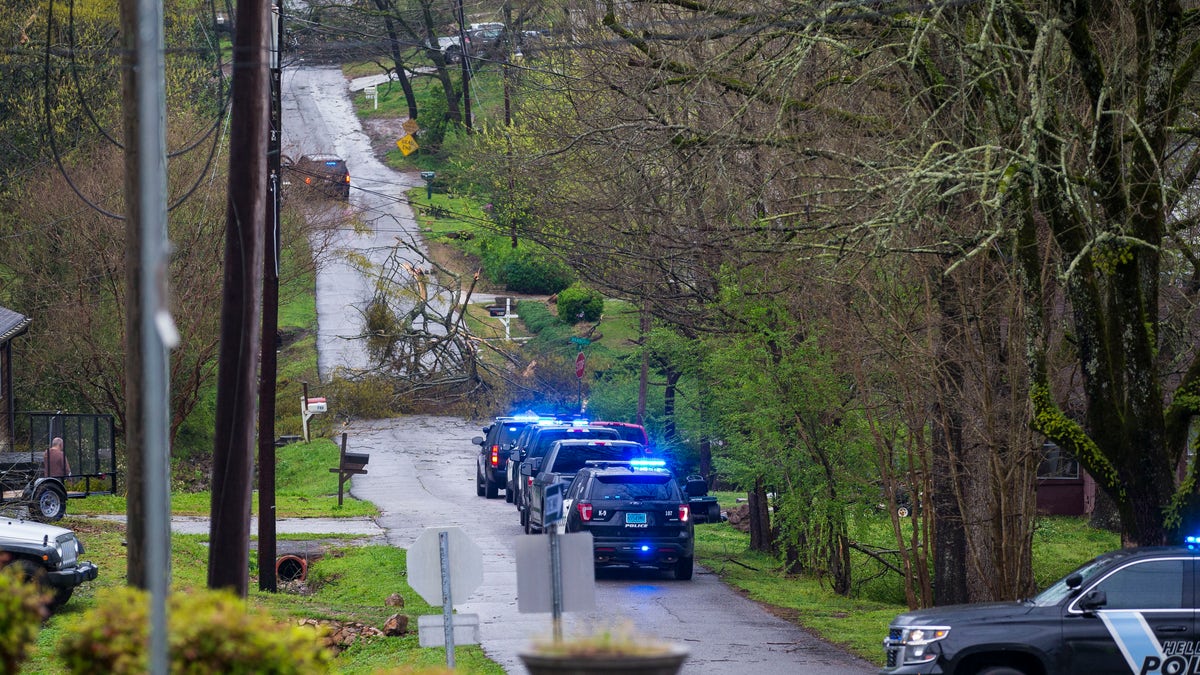 Police respond to a downed tree across 1st Ave W on a day of extended severe weather, Thursday, March 25, 2021, in Helena, Ala. (AP Photo/Vasha Hunt)