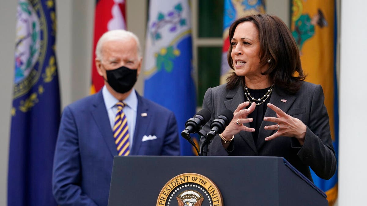 President Biden listens as Vice President Harris speaks about the American Rescue Plan, a coronavirus relief package, in the Rose Garden of the White House in Washington. (AP Photo/Alex Brandon, File)