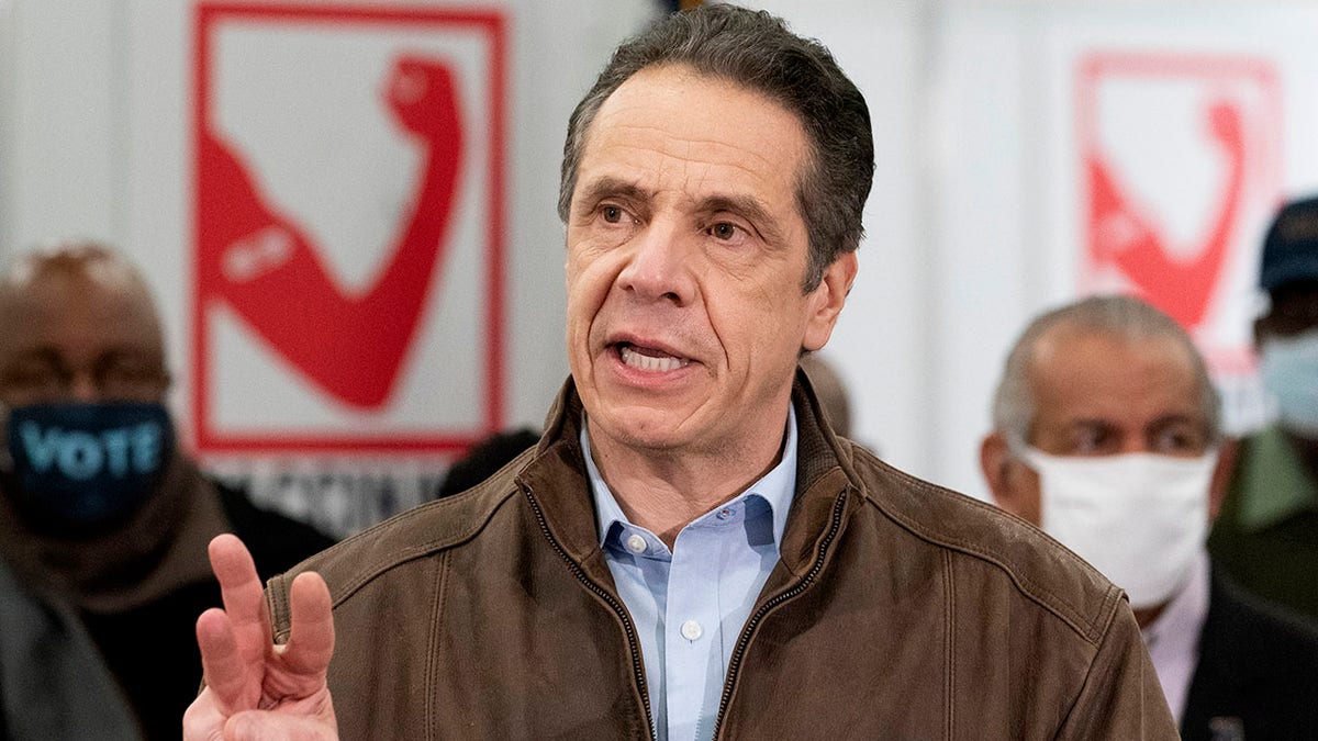 Gov. Andrew Cuomo speaks during a visit to a new COVID-19 vaccination site, Monday, March 15, 2021, at the State University of New York in Old Westbury, N.Y.