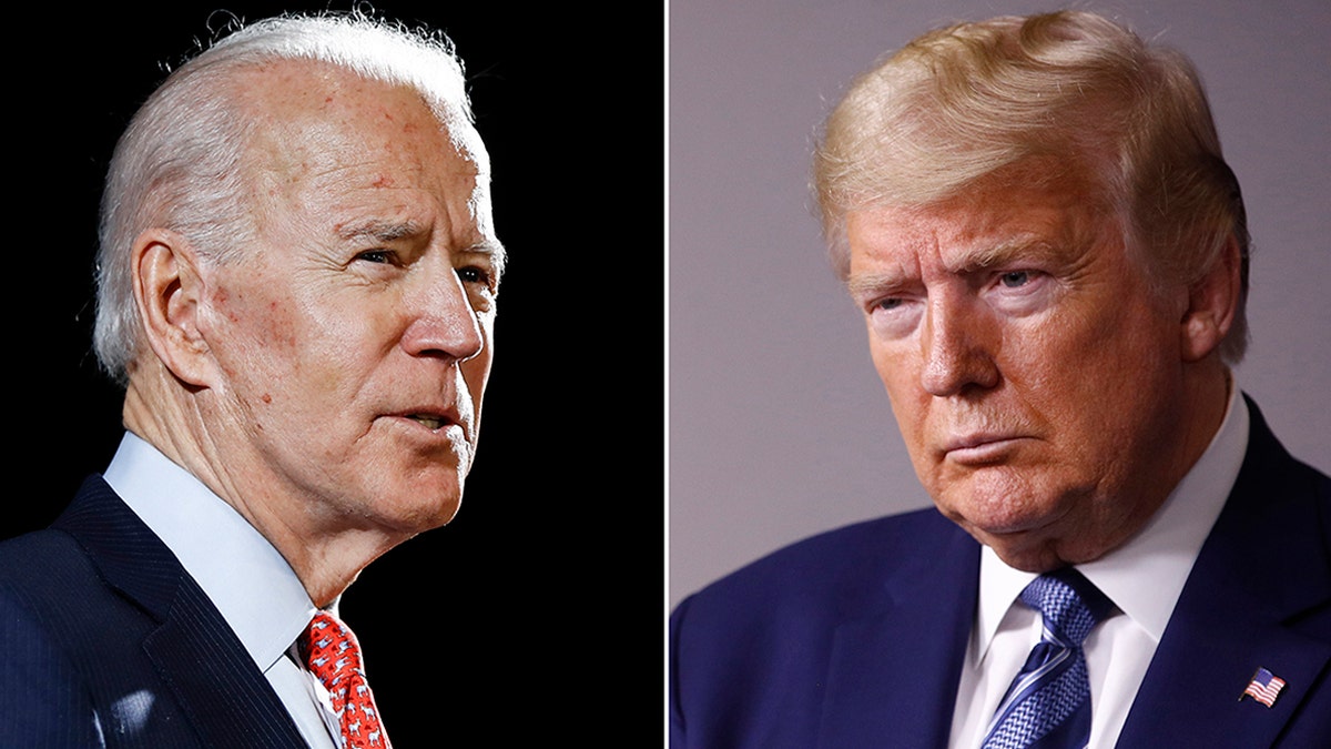 FILE - In this combination of file photos, former Vice President Joe Biden in Wilmington, Del., on March 12, 2020, left, and President Donald Trump in Washington on April 5, 2020. (AP Photo)