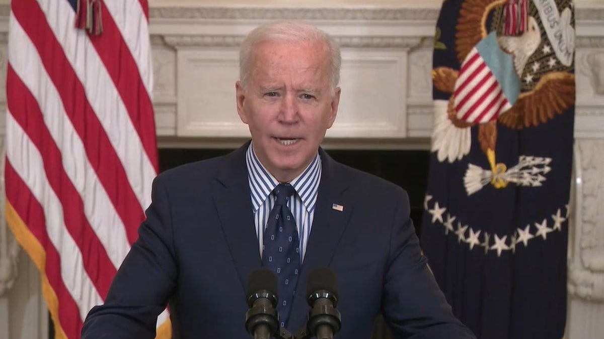 President Biden speaks at the White House on Saturday, March 6, 2021.