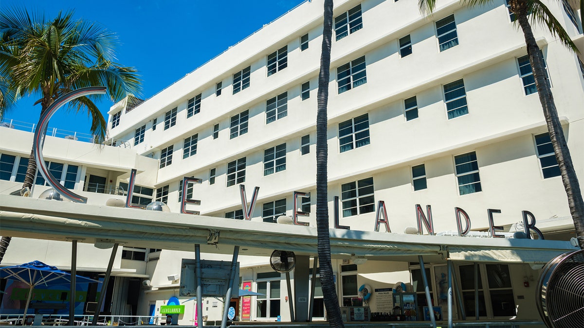 Miami Beach, Florida USA - March 4, 2019: Cityscape view of the classic art deco architecture of the Clevelander Hotel along popular Ocean Drive.