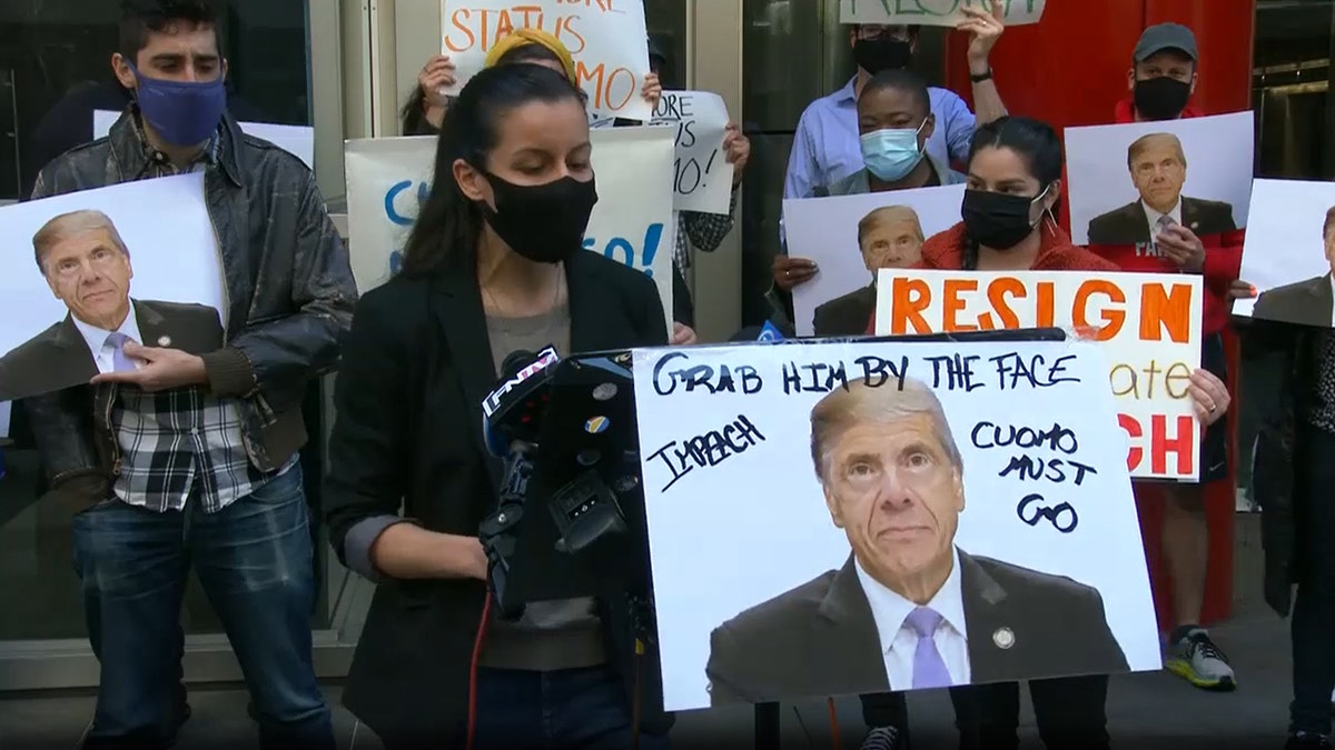 Activists gather outside of Gov. Andrew Cuomo's New York office on Saturday, March 27 demanding that he be impeached amid sexual harassment allegations. Tiffany Cabán, a progressive activist and candidate for New York City Council, said: "It's an embarrassment and a disgrace that we have to be here at all to demand that the most powerful politician in the state is held accountable for his actions."