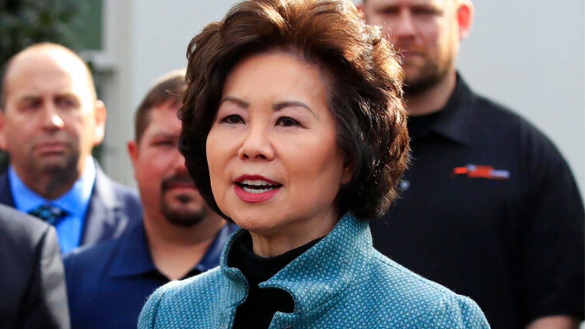 Transportation Secretary Elaine Chao, right, with U.S. Maritime Administration Administrator Mark Buzby, left, speaks to reporters outside the West Wing of the White House following President Donald Trump's signing of the executive order supporting the transition of active duty service members and military veterans into the Merchant Marine, Monday, March 4, 2019, in Washington. (AP Photo/Manuel Balce Ceneta)