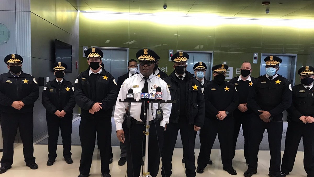 Chicago Police Superintendent David Brown talks to reporters about an off-duty officer who was shot Monday. 