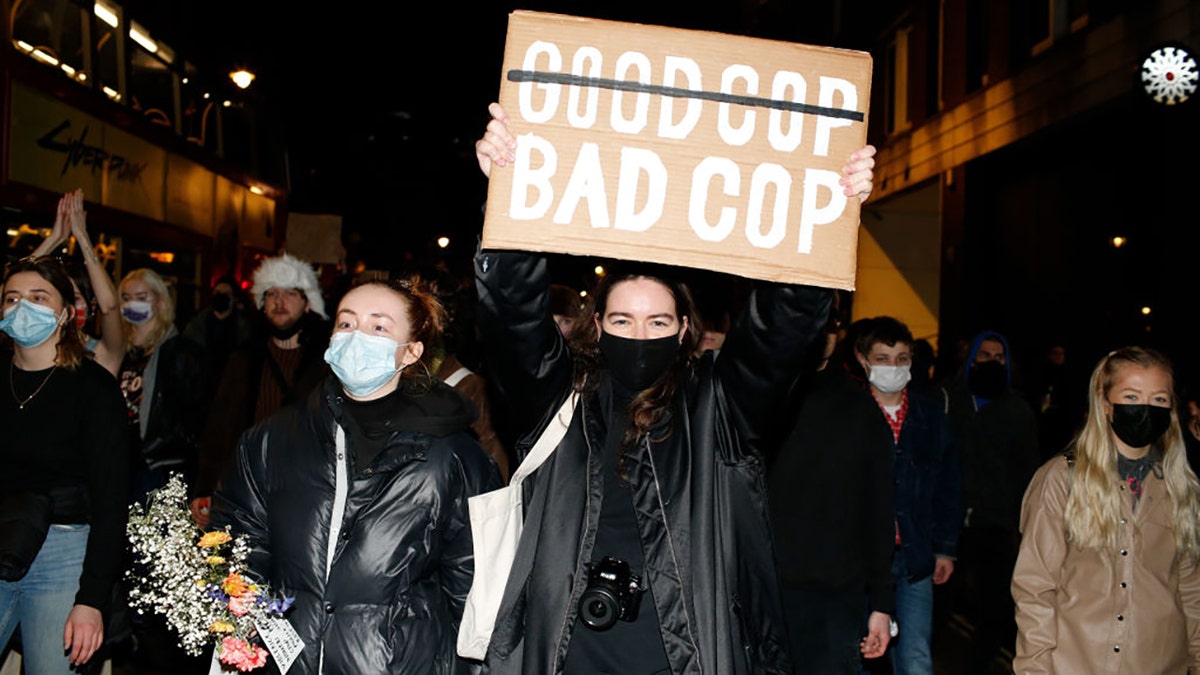 Activists protesting violence against women and new proposed police powers demonstrate in London, United Kingdom on March 15, 2021.? (Photo by David Cliff/Anadolu Agency via Getty Images)