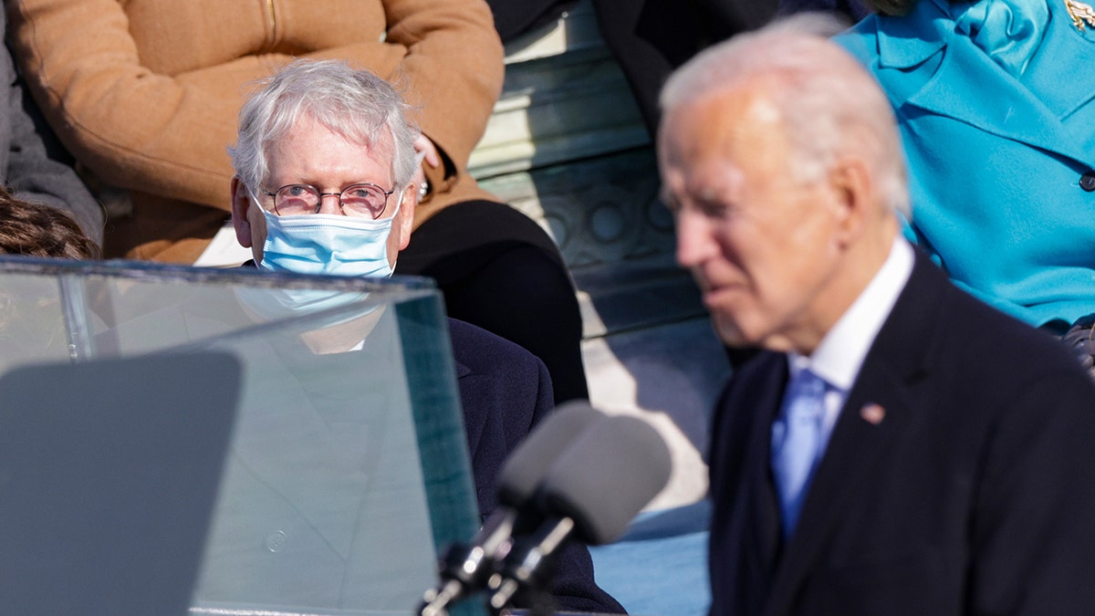 Senate Minority Leader Mitch McConnell, R-Ky., looks on as U.S. President Biden delivers his inaugural address on the West Front of the U.S. Capitol on Jan. 20, 2021, in Washington, D.C. During the inauguration ceremony Biden became the 46th president of the United States. (Alex Wong/Getty Images)