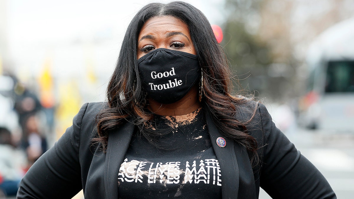 Rep. Cori Bush (D-MO) attends The National Council for Incarcerated Women and Girls "100 Women for 100 Women" rally in Black Lives Matter Plaza near The White House on March 12, 2021. (Photo by Paul Morigi/Getty Images)