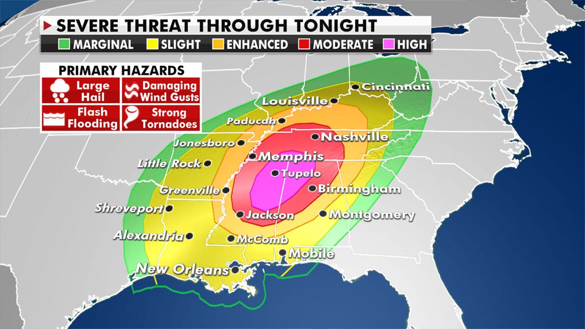 Large hail, damaging wind gusts, flash flooding and tornadoes will threaten the area on Thursday night (Fox News)