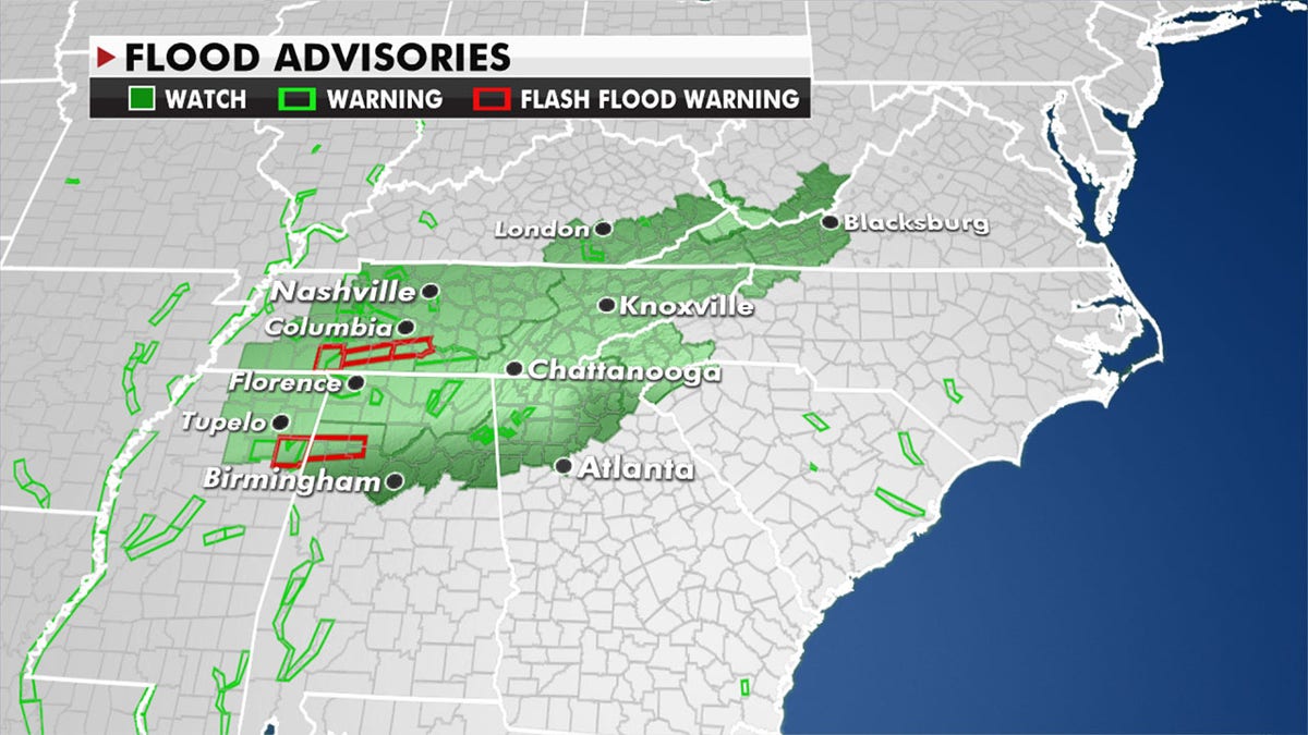 Tennessee remains under flood advisories and cold air has prompted freeze warnings across the Tennessee Valley (Fox News)