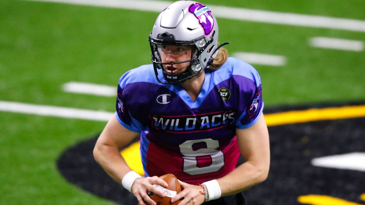 Jackson Erdmann #8 of the Wild Aces rolls out to pass during the second half of a Fan Controlled Football game against the Glacier Boyz at Infinite Energy Arena on March 6, 2021 in Duluth, Georgia. (Photo by Todd Kirkland/Fan Controlled Football/Getty Images)