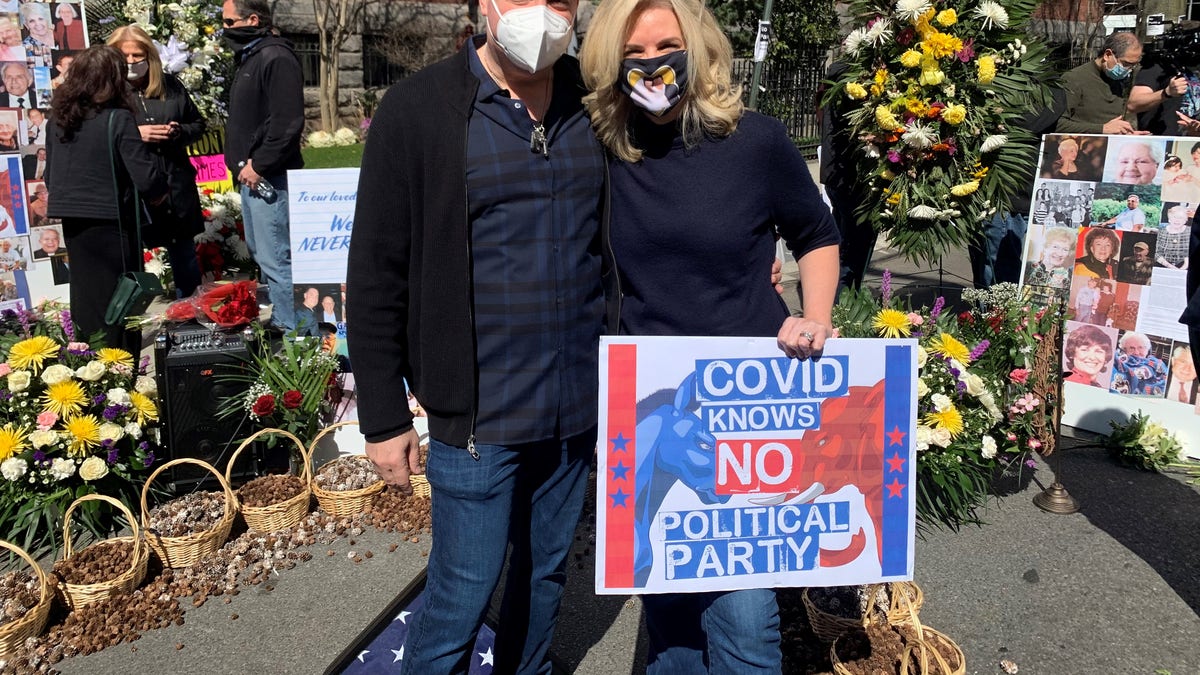 Peter Arbeeny with Janice Dean on Sunday, March 21, 2021, in Brooklyn, N.Y. at the "We Care" Memorial Wall.