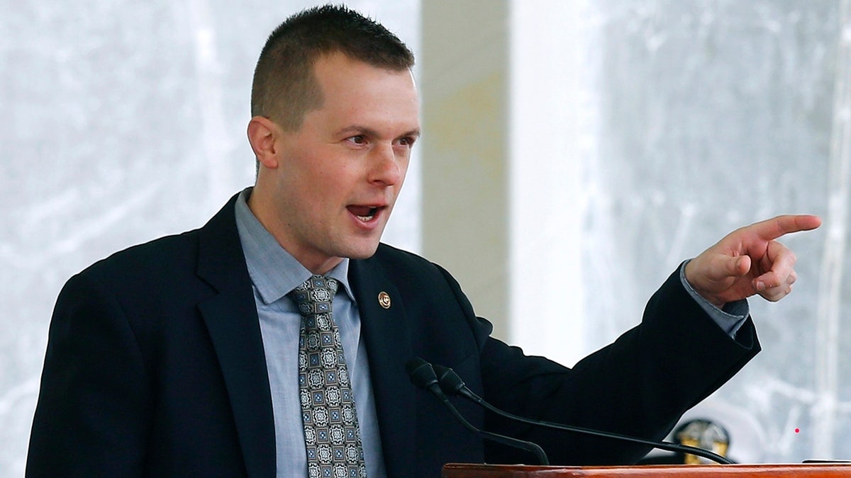 FILE - In this April 27, 2019, file photo, Rep. Jared Golden, D-Maine, speaks in Bath, Maine. Golden was the only Democrat lawmaker to break with his party and vote against the $1.9 trillion COVID-19 relief package on Wednesday, March 10, 2021. (AP Photo/David Sharp, File)