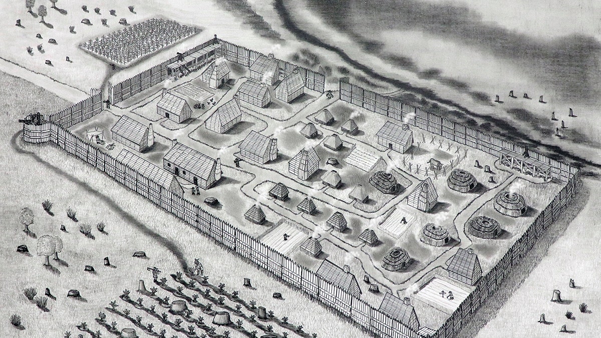 Conjectural drawing of St. Mary’s Fort based on the geophysical survey (Drawing by Jeffrey R. Parno)